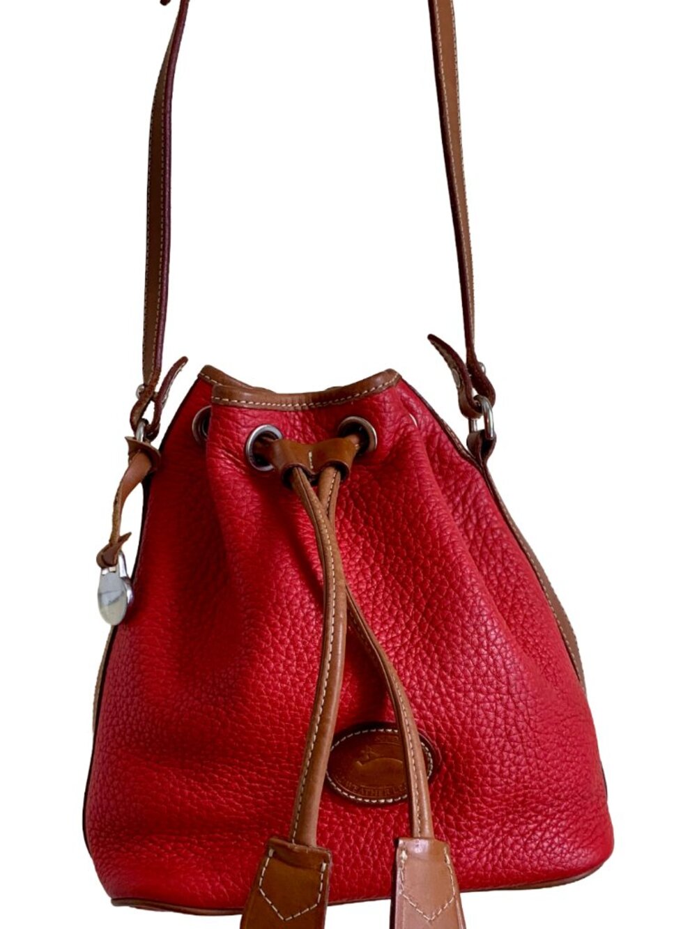 DOONEY & BOURKE Vintage Red & Tan Small Drawstring Bucket Pebbled Leather Bag - Picture 6 of 11